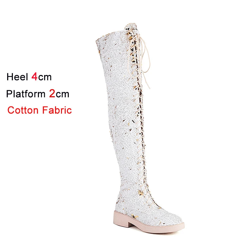 Lowheel Boots For Women Autumn Winter Thick Heels Over-knee-high Boots Shiny Sequined Club Dance Shoes Lace Up Thigh High Boots