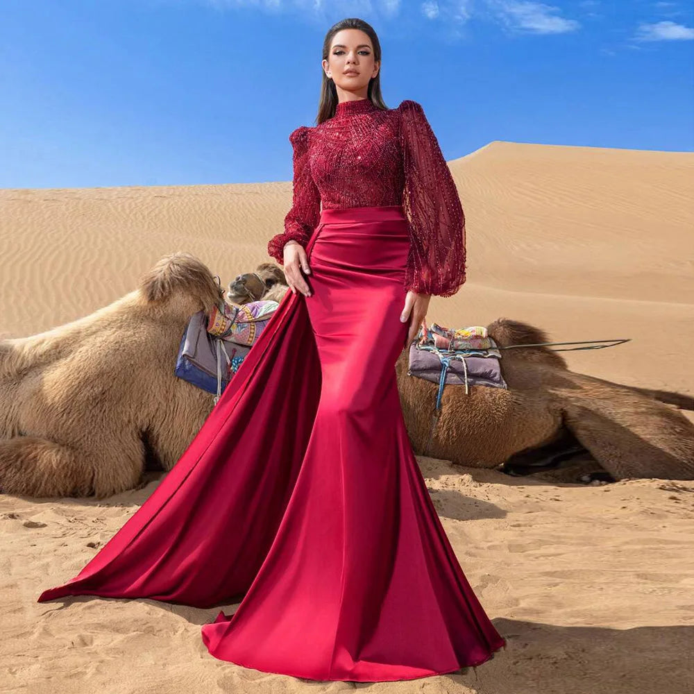 Elegant Muslim Wedding Evening Dress for Women with Detachable Skirt 2026 Pearls Mermaid Formal Prom Party Gowns Customized