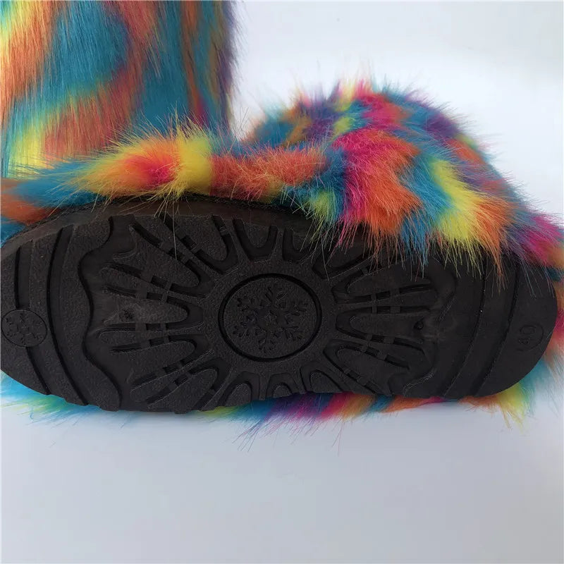 Cute High Quality Faux Raccoon Fox Fur Shibuya Gal Thickened Plus Size Mid-Calf Faux Fur Warm Winter Snow Boots for Women