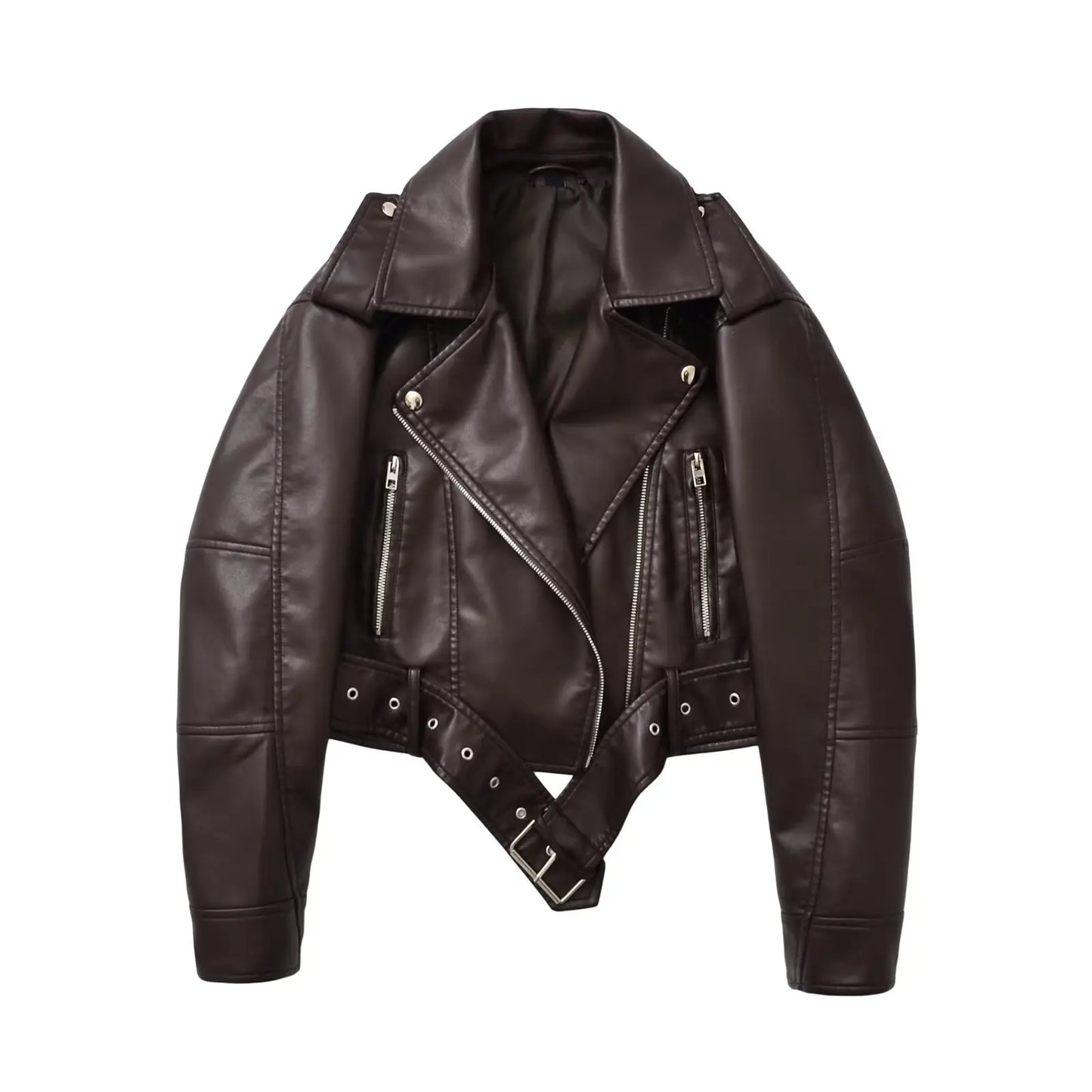 Women Autumn Winter Loose Gray PU Faux Leather Short Jackets Belt Female High Street Zipper Retro Moto Biker Coats Outwear XS-XL