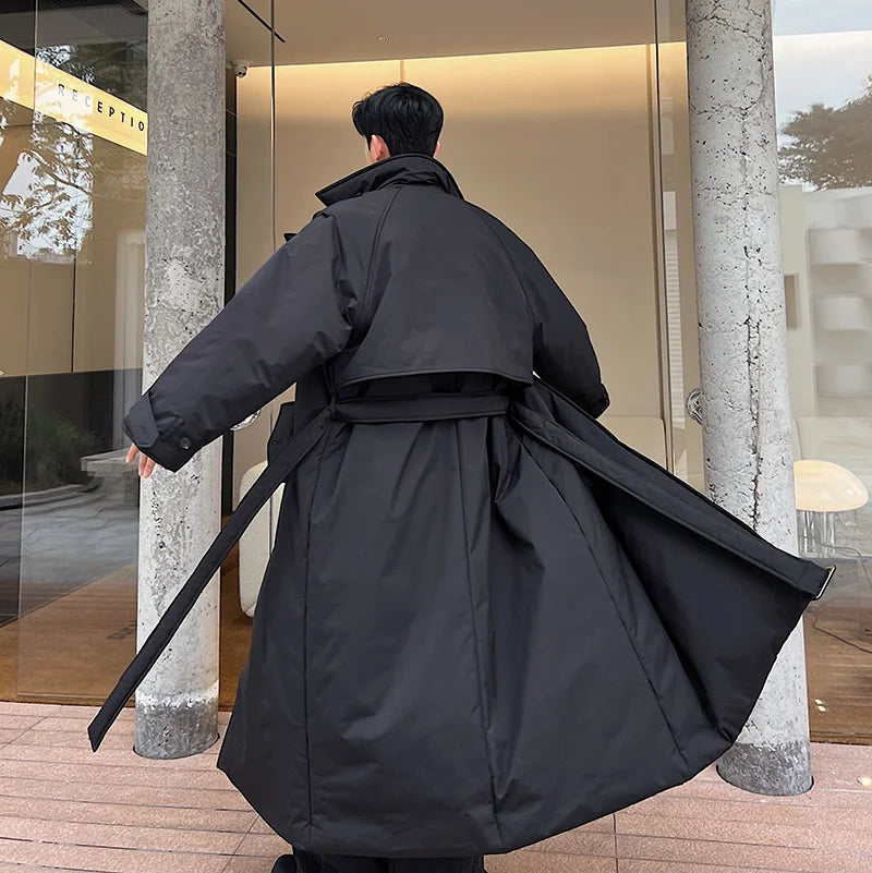 Winter Thickened Long Down Jacket Man's Belt Design Korean Warm Over The Knee Fashionable Long Sleeve Solid Color Cotton Coats