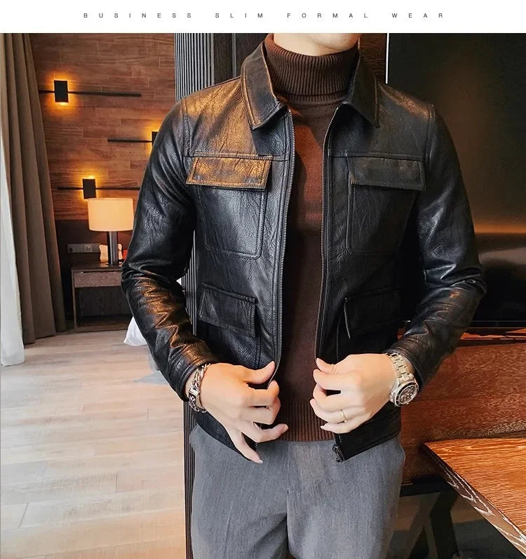 Autumn Winter High Quality Faux Leather Jacket Fashion Multi Pocket Design PU Leather Coats Man Vintage Business Slim Fit Coats