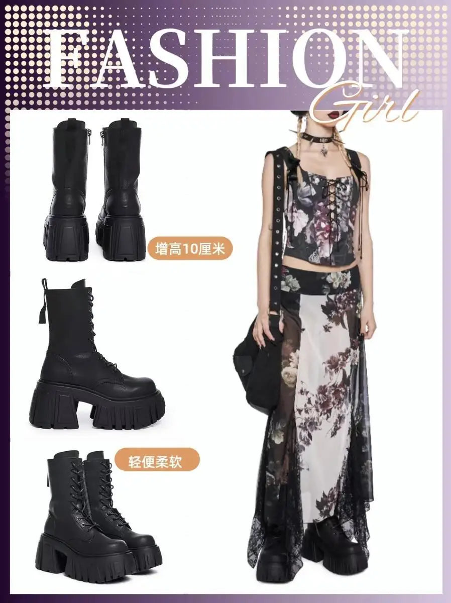 2025 New Women Super High 10cm Shoes Woman Thick-Soled British Style Punk Fashion Platform Thigh High Boots Chunky Heel Pumps