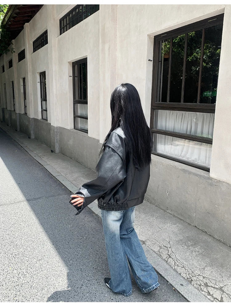 Lautaro Spring Winter Cool Oversized Thicken Warm Black Hard Pu Leather Jacket Women Long Sleeve High Quality American Clothing