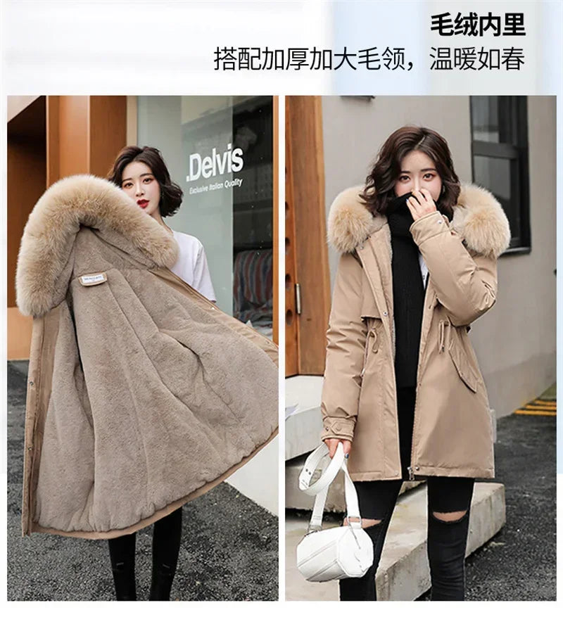 Winter Coat Low Price On Sale Women Beige Add Wool Thick Warmth Fur Hooded Parkas Jacket 2026 New Fashion Belt Slim Cotton Coat
