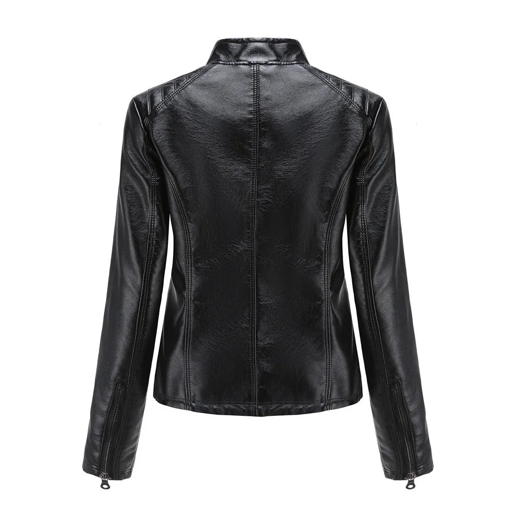 Ladies casual stand-up collar jacket Slim models women's spring and autumn solid color women's leather jacket