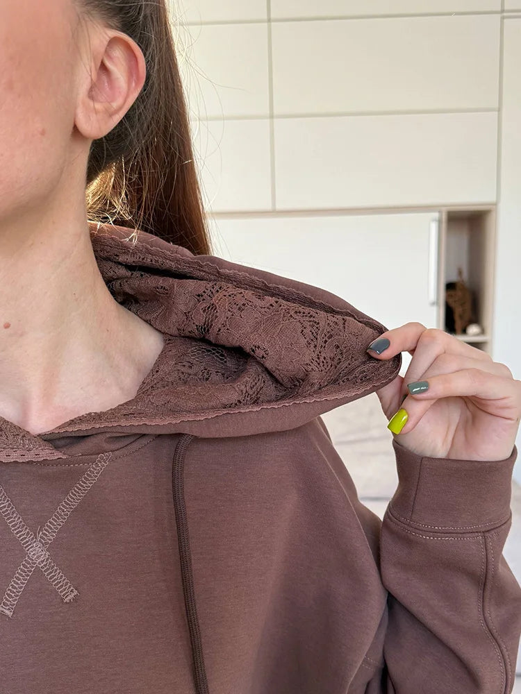 Streamgirl Brown Hoodies With Lace Women Oversize Plain Spring Elegant Butter Yellow Hooded Sweatshirts For Women Oversized