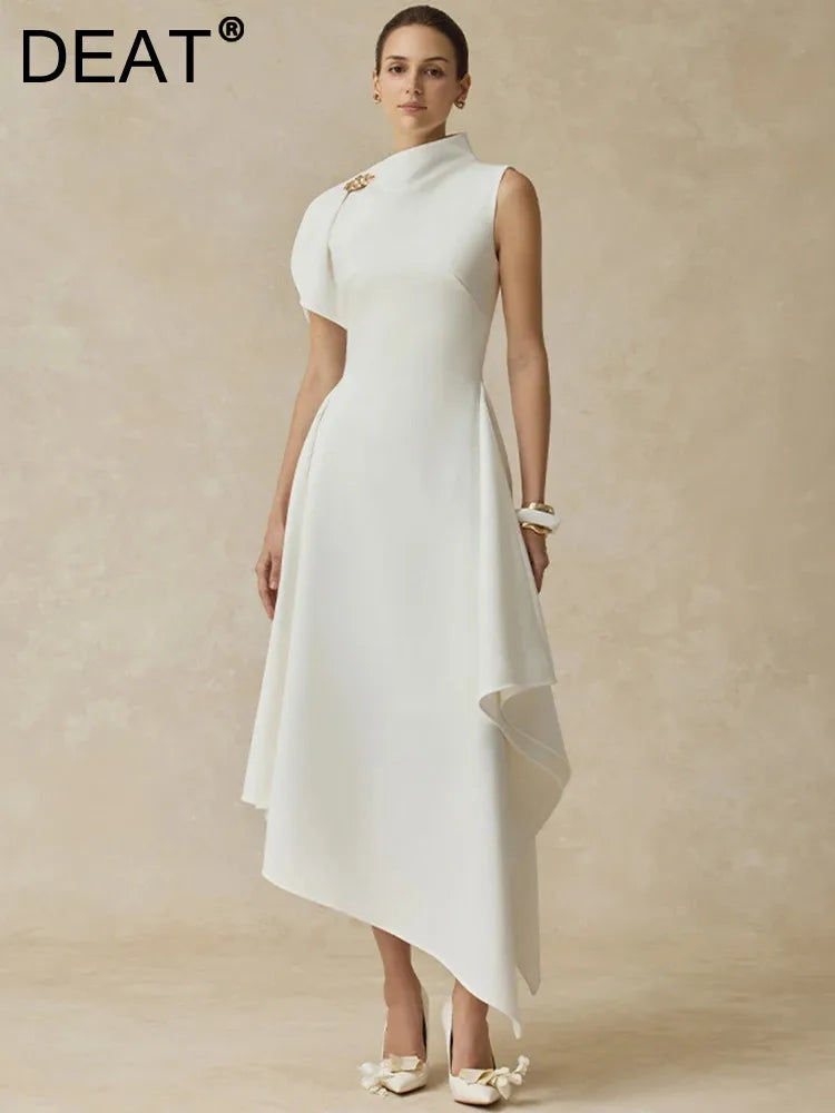 DEAT Elegant Dress Stand Collar Irregular High Waist Long Solid Color Women's Evening Party Dresses 2025 Winter New Tide 35Z3948