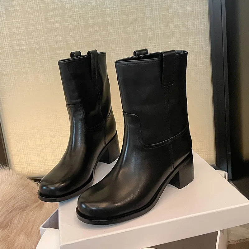 Arden Furtado Autumn Cowhide Knee High Boots Round Toe Pull-On Chunky Heels Riding Boots British Style Large Size Boots