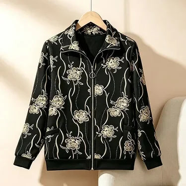 Womens Mom Floral Print Zip Up Jacket Lapel Collar Casual Loose Outerwear For Middle Aged Ladies