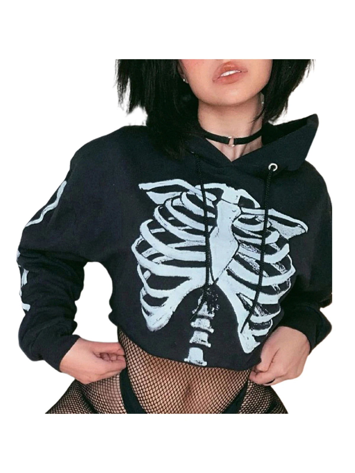 Halloween Women Skeleton Print Cropped Hoodies Long Sleeve Drawstring Casual Sweatshirts with Hat 2024 New Fashion Streetwear