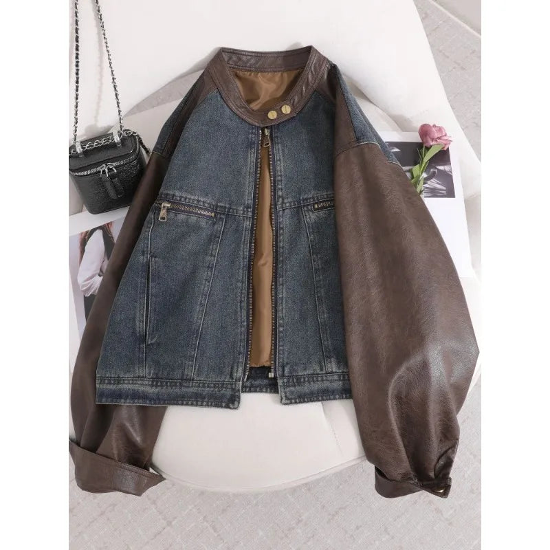 Women American Retro Denim Spliced Leather Jacket Women's 2026 Autumn New Models Are Popular This Year, Small Short Jackets