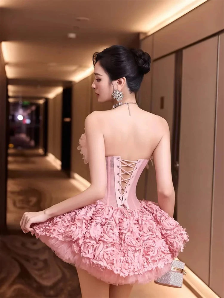 Sexy Strapless Flower Lace A-line Mini Dress Women Red Sleeveless Backless Floral Slim Dresses Evening Party Cocktail Gowns