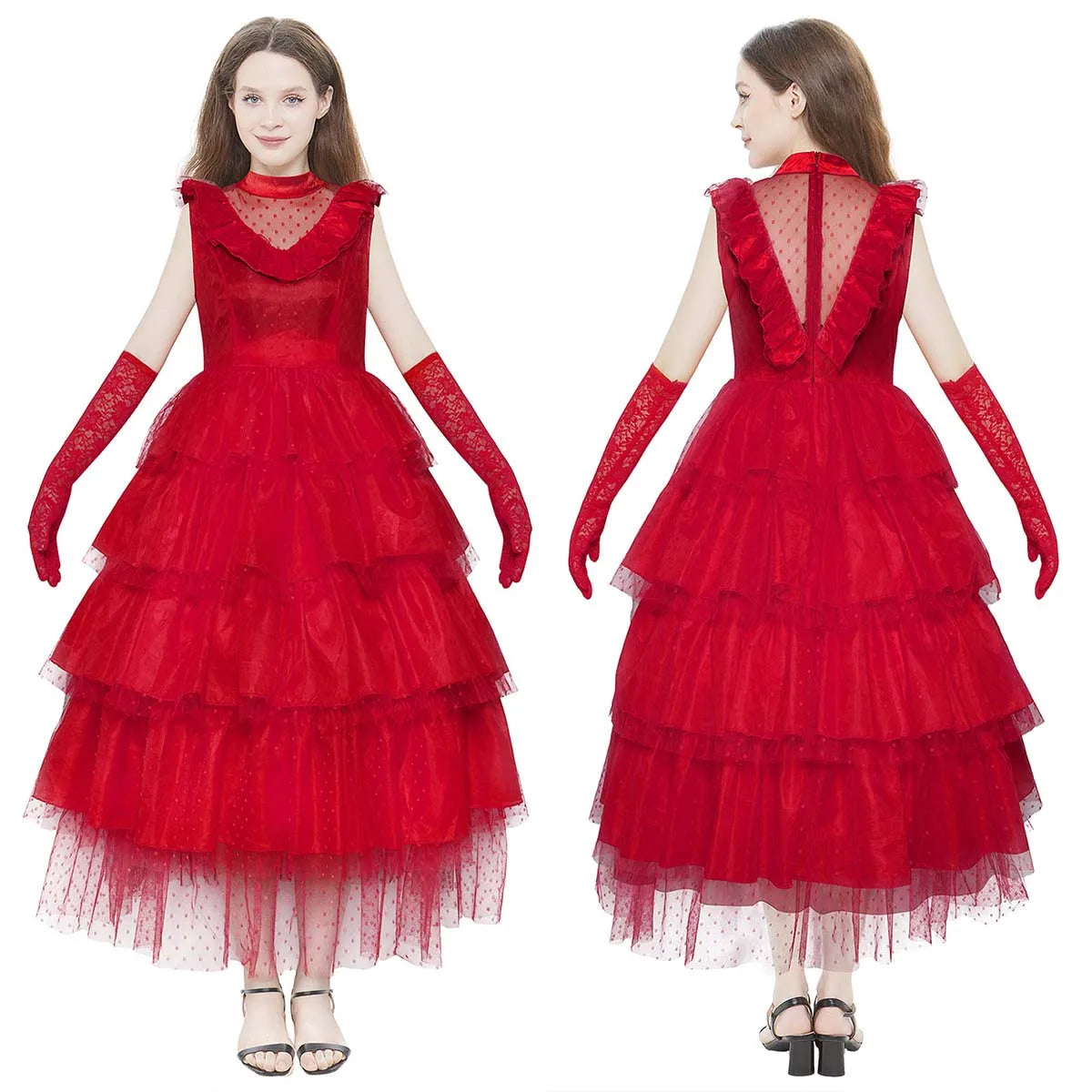 Lydia Deetz Costume with Gloves Scarf Lydia Women Wedding Dress Gothic Red Gown Halloween Outfits with Veil Beetle Bride Cosplay