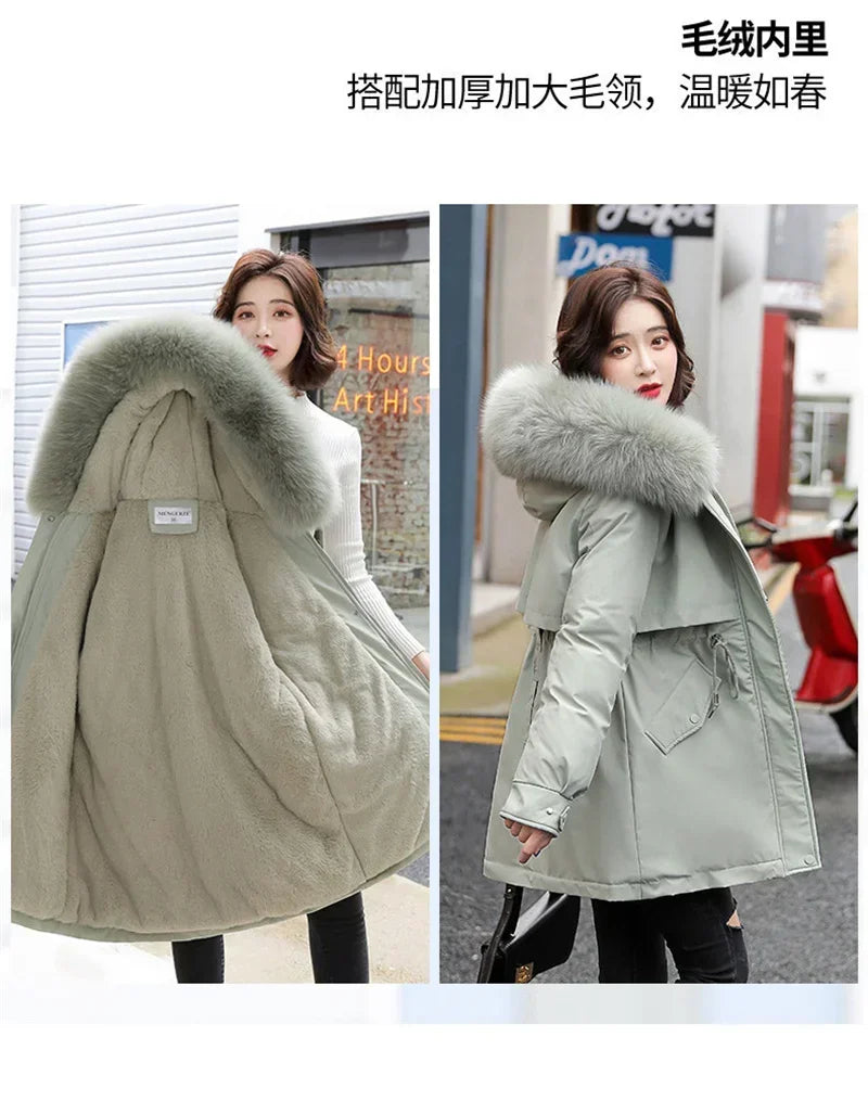 Winter Coat Low Price On Sale Women Beige Add Wool Thick Warmth Fur Hooded Parkas Jacket 2026 New Fashion Belt Slim Cotton Coat
