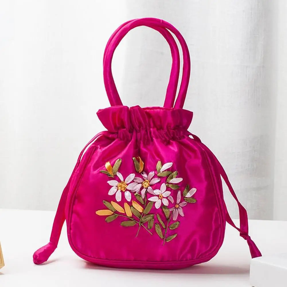 Women Bucket Bag Top Handle Ladies Handbag Phone Bag Summer Small Purse National Style Embroidered Flower Pattern Drawstring Bag