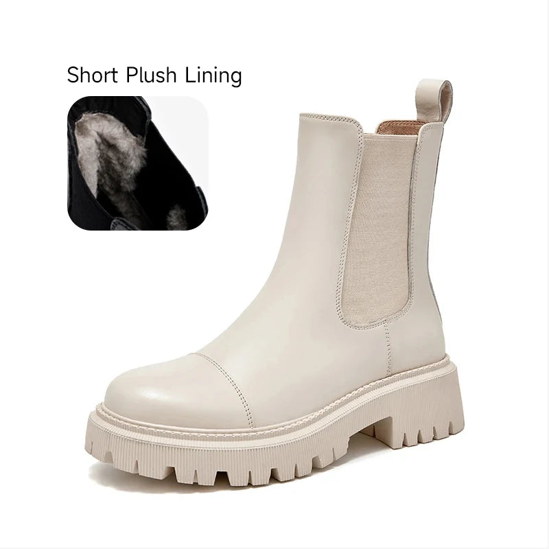 BeauToday Chelsea Women's Genuine Leather Boots Platform Round Toe Elastic Band Thick Sole Ladies Shoes Handmade 02379S