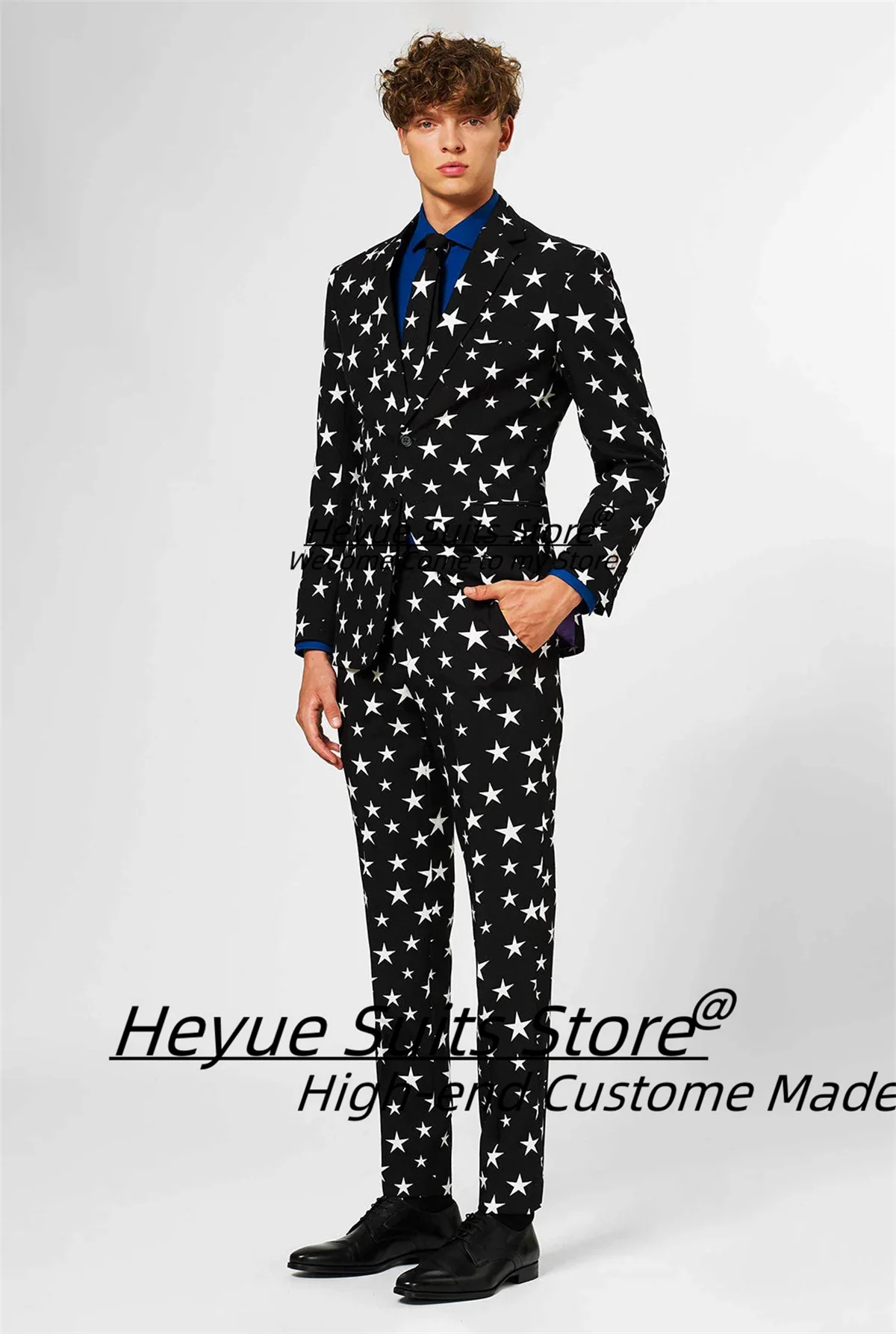 Fashion Star Print Men Suit Customized Slim Fit Notched Lapel Groom Wedding Tuxedos 2 Pieces Sets Male Party Blazers Ropa Hombre