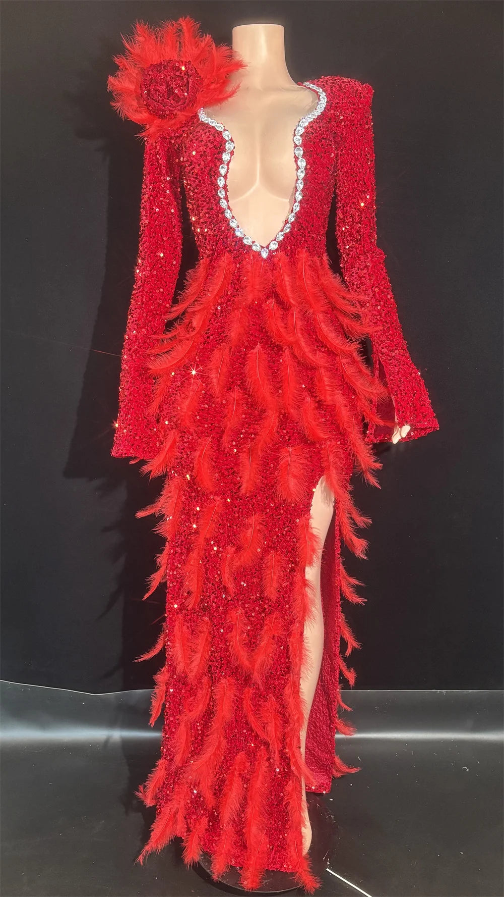Sparkly Diamonds Feather Red High Slit Wedding Party Gown Luxury Evening Celebrate Performance Singer Costume Festival Dresses