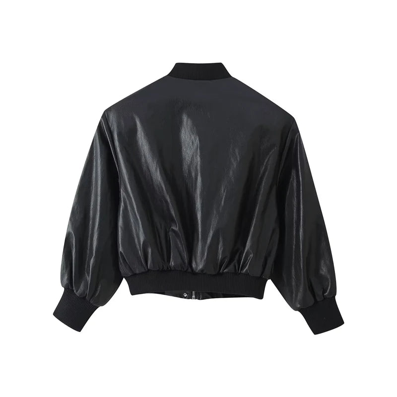  Women's Faux Leather Bomber Jacket Black Stand Collar Cropped Loose Vintage Outerwear 2026 Autumn Lady Street Chic Casual Coat