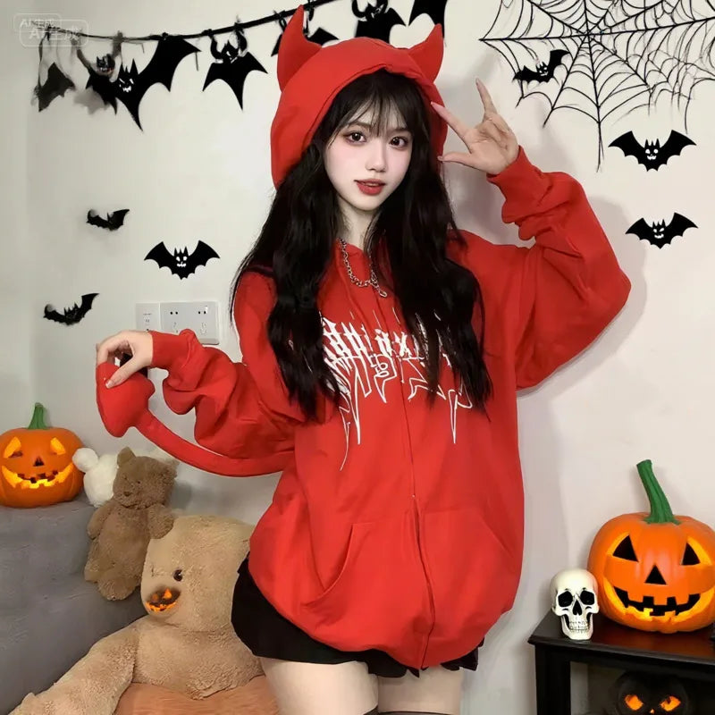 2025 Autumn Harajuku Hoodies Women Gothic Devil Horn Hooded Sweatshirt Halloween Cos Clothes Detachable Tail Zip-Up Outwear