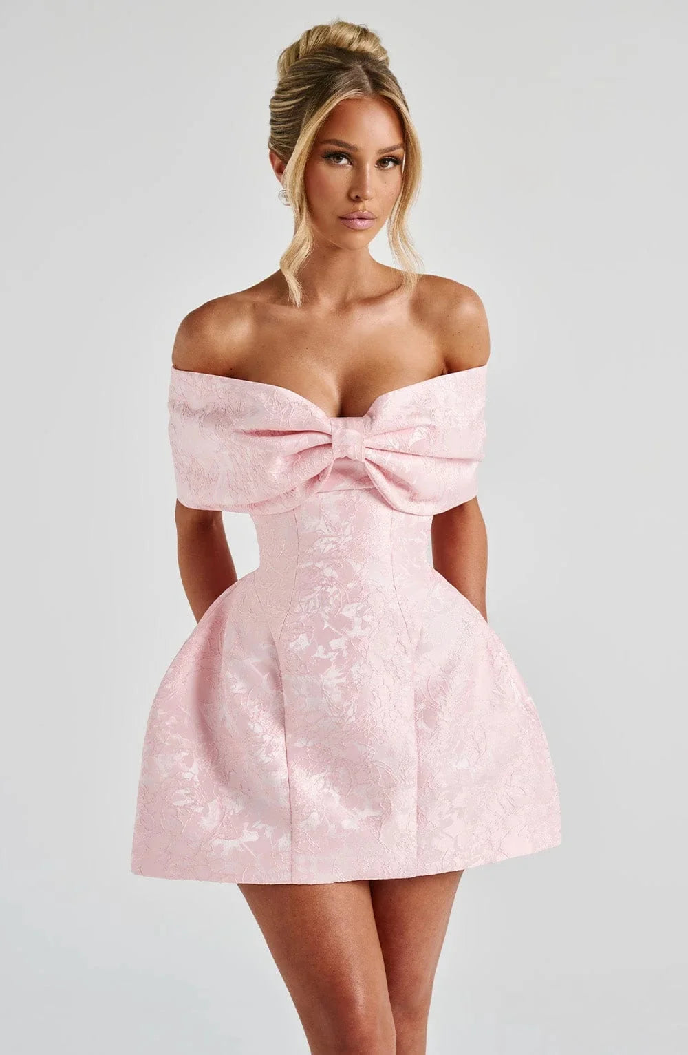 Pink Big Bow Jacquard Prom Dress Off Shoulder Women Formal Evening Gowns Fitted Mini Skirt For Wedding Cocktail Party