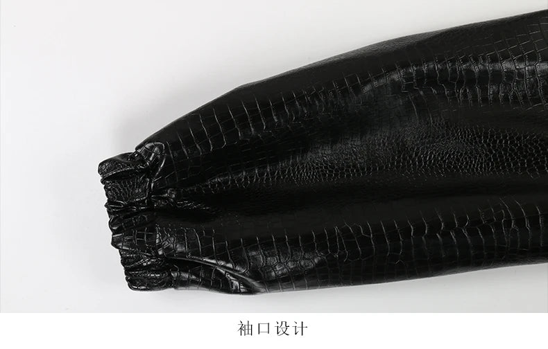 Mauroicardi Spring Autumn Short Black Brown Crocodile Print Faux Leather Jacket Women Stand Collar Button Up Luxury Clothes 2025