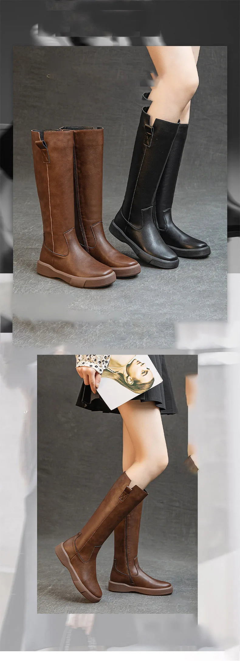 Koznoy 4cm Cow Genuine Leather Microfiber High Top Rubber Knee High Booties Women Chimney Autumn Boots Spring Fashion Shoes