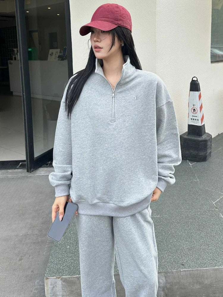 Leisure Solid Color High Waist Trouser Sets 2025 Autumn and Winter Women's Sports Suit Loose Fit Zipper Pullover Two-piece Set