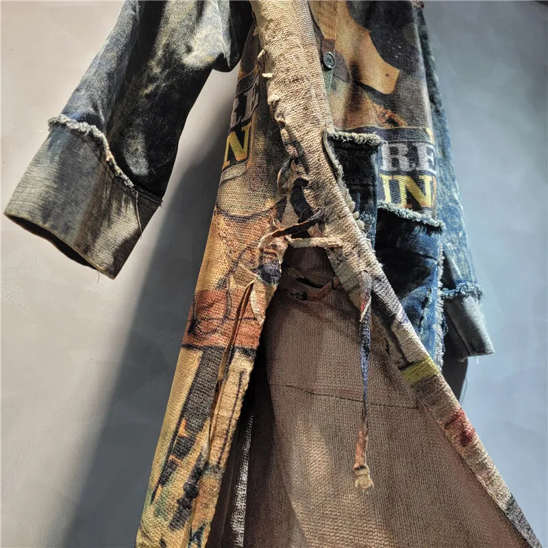 WTHT Colorful Print Spliced Denim Big Pockets Long Coat For Women 2024 Autumn Lapel Single Breasted Jacket Female 1LS215