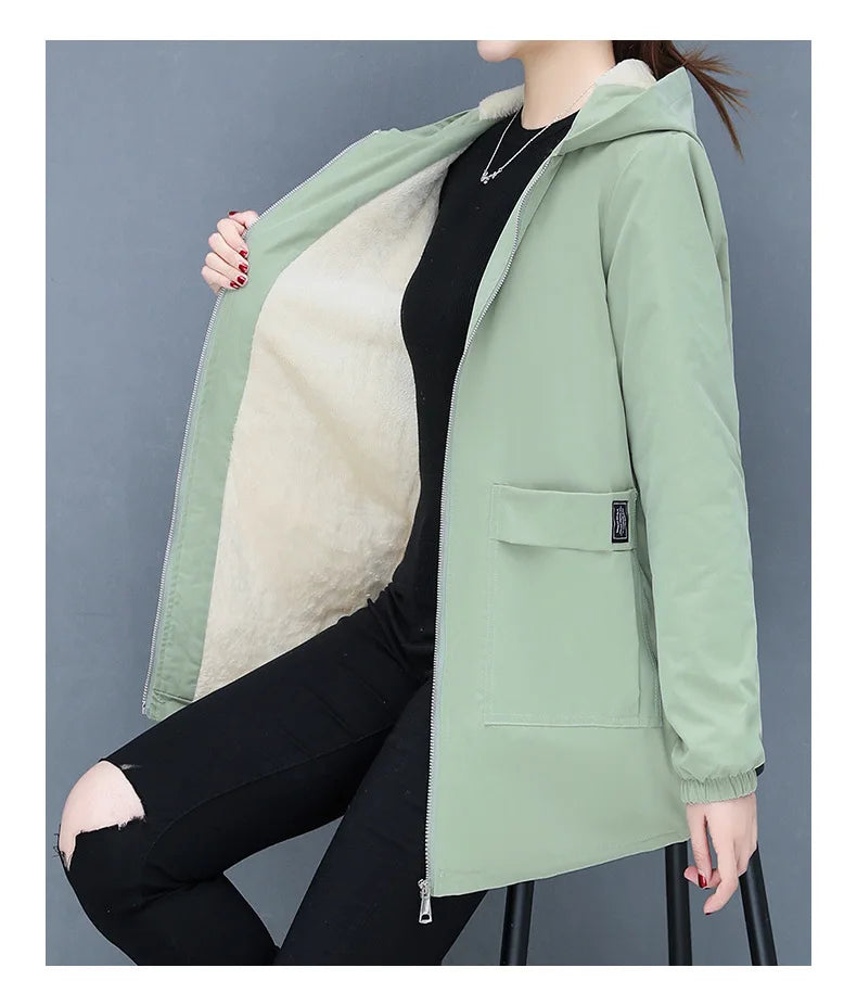 2023 Autumn Winter New Thick Warm Lamb Wool Cotton-padded Coat Women's Mid-length All-fit Loose Hooded Female Blouse