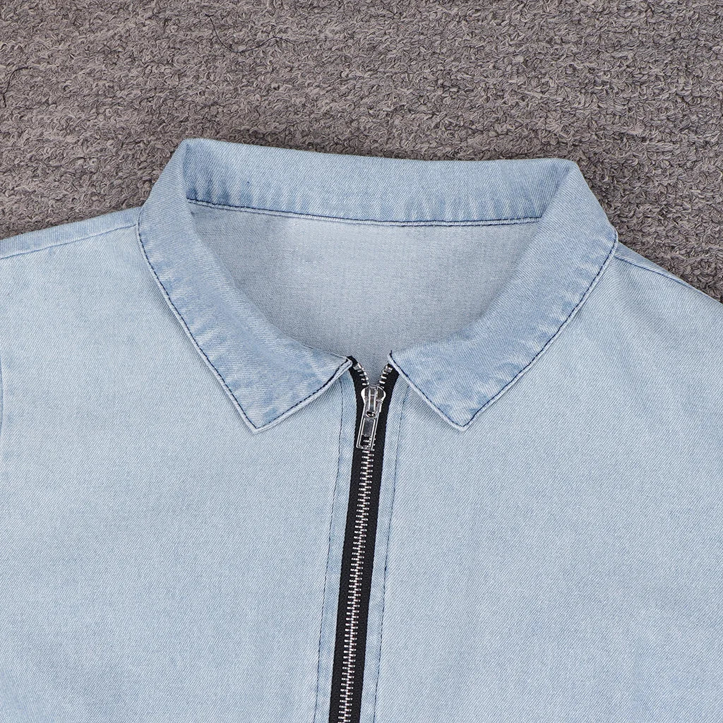 Denim Dresses Women Mini Dress Vintage Turn Down Collar Lace Up Zipper Pockets Distressed Summer Vestidos Streetwear 2025