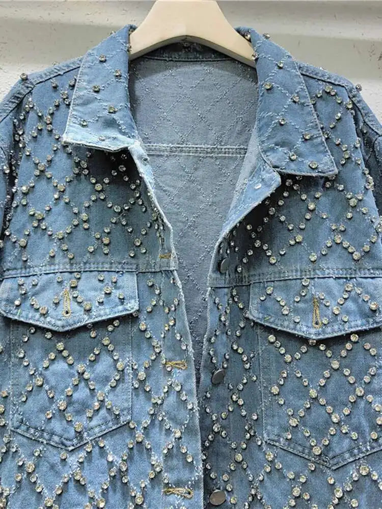 DEAT Women's Denim Coat Blue Long Sleeve Full Diamonds Distressed Jacquard Plaid Jackets 2026 Summer Summer New Fashion 29L7709