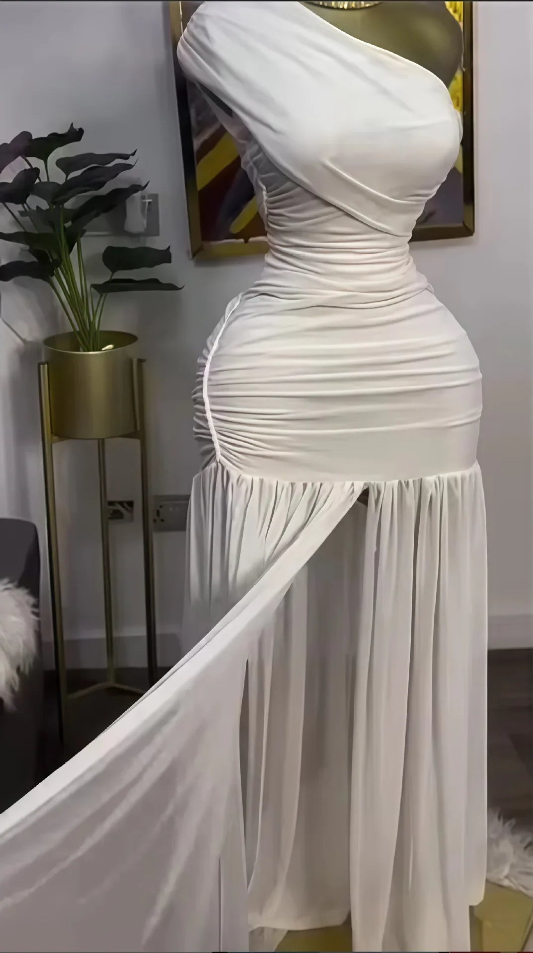 Women One Shoulder Skew Neck High Split Pleated Hem Bodycon Long Maxi Dress 2025 Evening Sexy Club Party Dresses Vestido