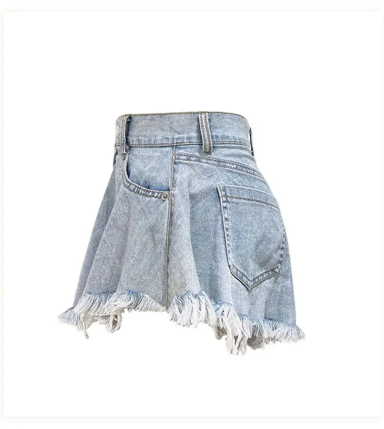 Wide Leg Shorts Women Y2k Denim Frayed Sexy Girls High Waist Hotsweet All-match Vintage Fashion Pockets European Style Females