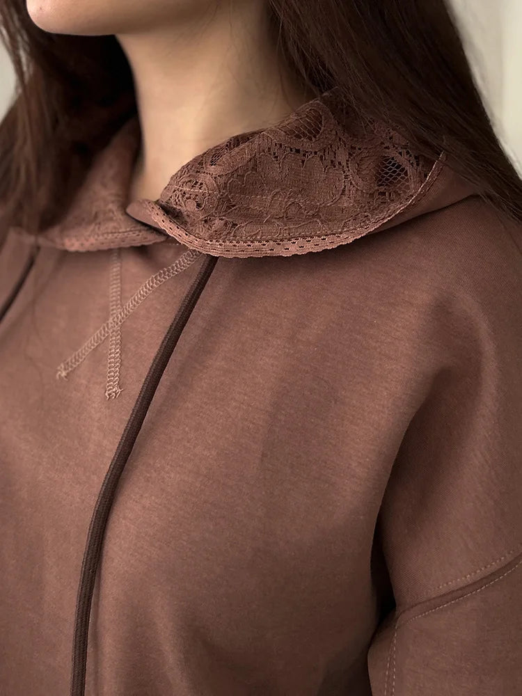 Streamgirl Brown Hoodies With Lace Women Oversize Plain Spring Elegant Butter Yellow Hooded Sweatshirts For Women Oversized