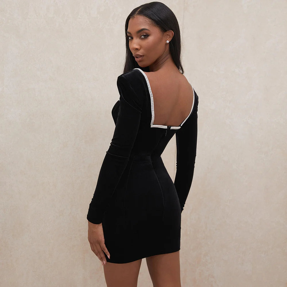 Mozision Long Sleeve Sexy Deep V Neck Wired Diamante Crystal Padded Should Bodycon Outfits Women Winter Velvet Party Dress