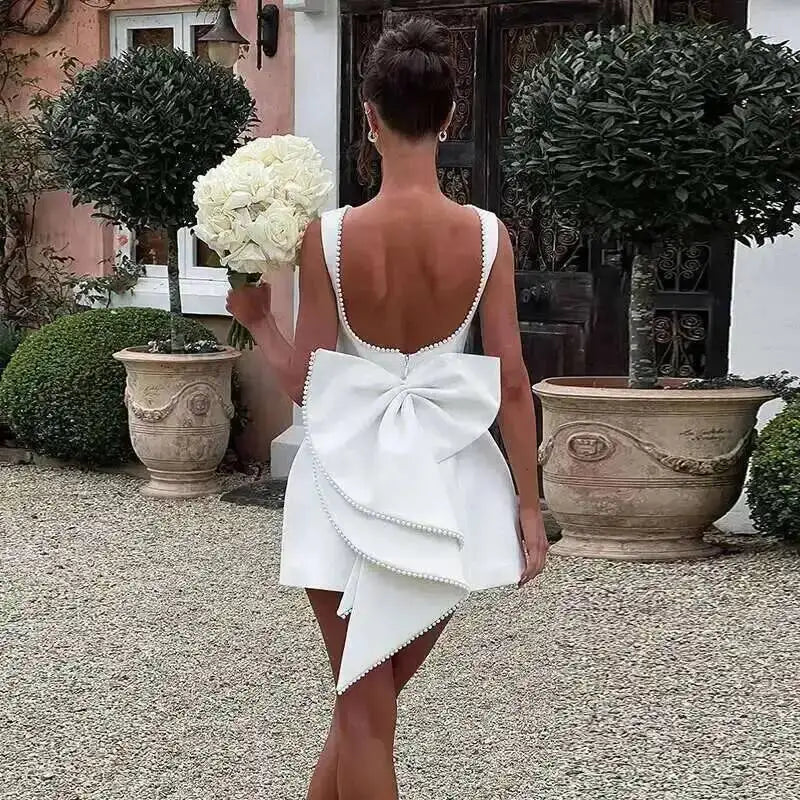 Townlike Bow Pearl Backless Sexy Party Dress Women Mini 2024 Summer Dress Elegant Waist Wrap A-line Dresses Vestidos