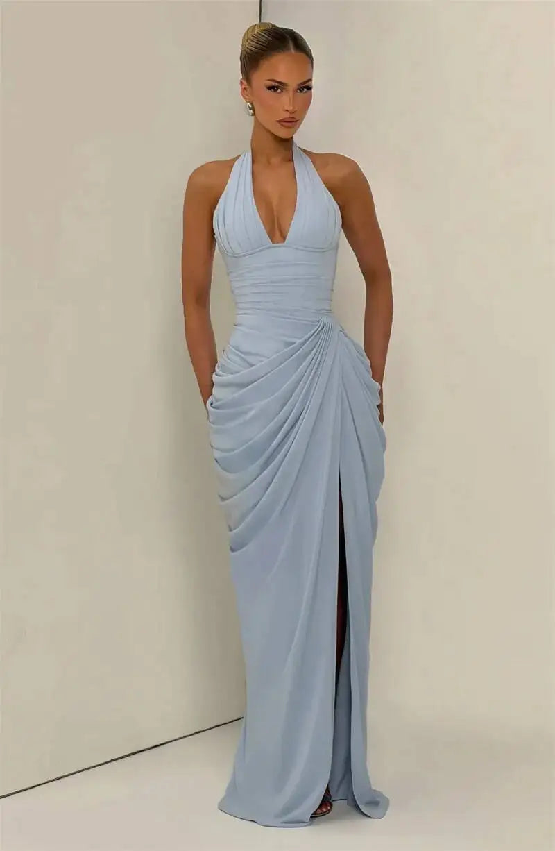 Mozision Wine Red Halter Deep V Maxi Dress Women Elegant Draped Ruched High Split Bodycon Cocktail Wedding Club Party Dresses