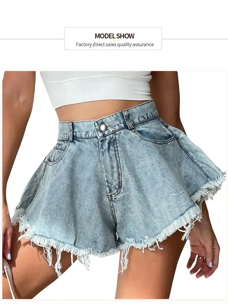 Wide Leg Shorts Women Y2k Denim Frayed Sexy Girls High Waist Hotsweet All-match Vintage Fashion Pockets European Style Females
