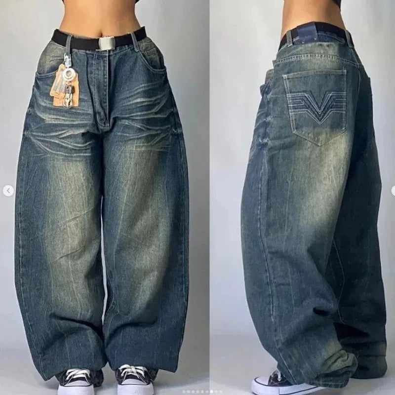New Jeans Female Y2K American Harajuku Retro Washed Loose Jeans Street Fashion Casual Gothic High Waist Pants For Men and Women