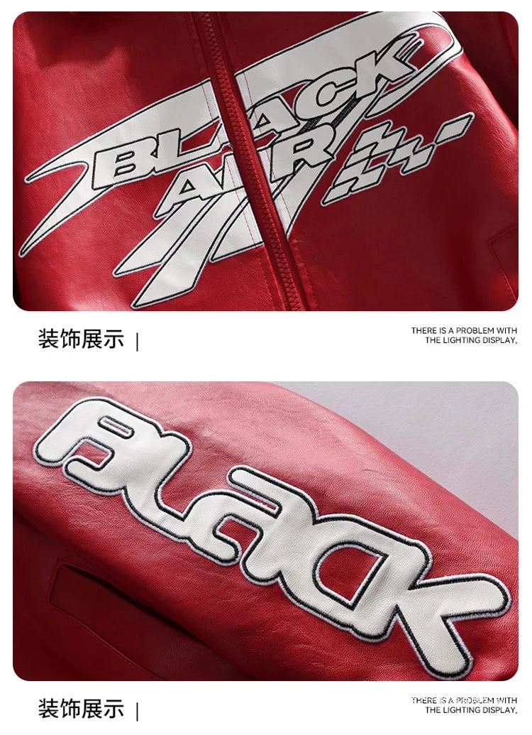 Fashion Leather Jacket Men Motorcycle Biker Jacket Man Original Patchwork Coat Baggy Letter Embroidery Designer Clothes Red