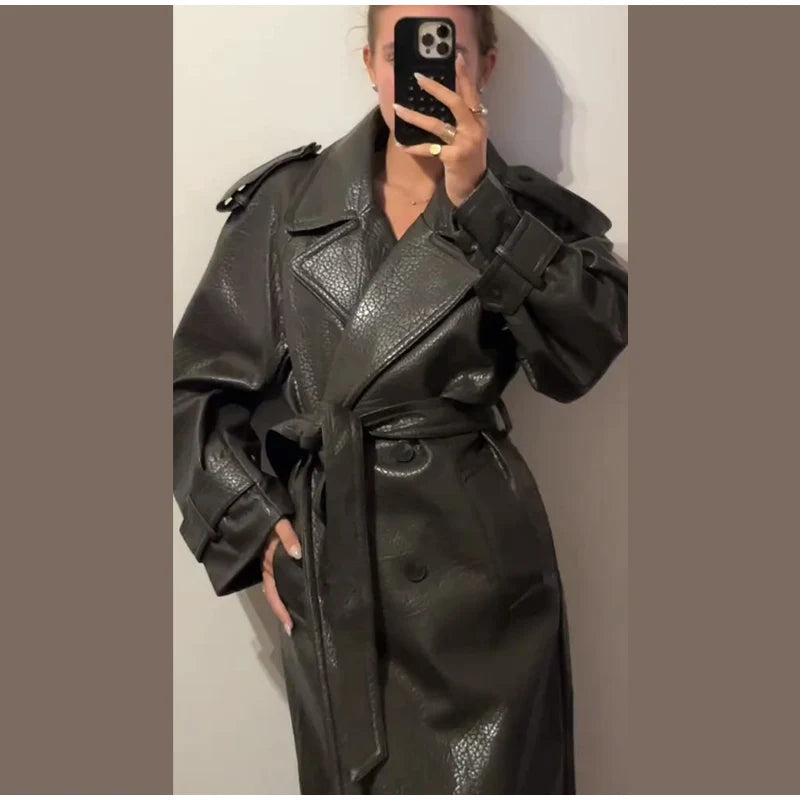 Double Breasted Lace up Long Leather Coat Woman Long Sleeves Loose Solid Color Casual Jackets Street Women's Early Autumn Coats