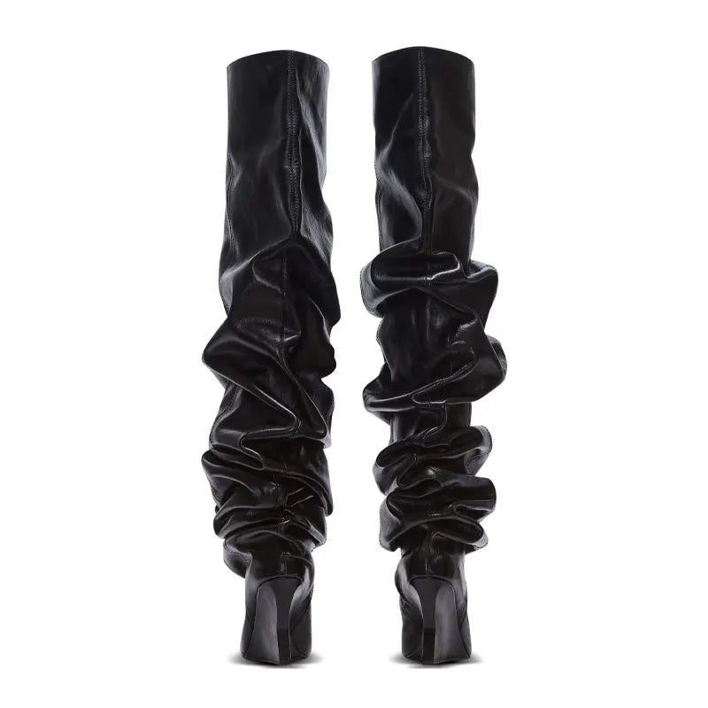Women's Fashion Pointed Thick Soled Pleated Short Boots, Autumn and Winter Thick Heeled Long Boots, Sexy Runway Women's Boots