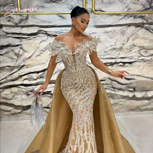 Special Wedding Party Dresses Two Pieces Vintage Evening Dresses With Detachable Train Off Shoulder  Mermaid Robes De Soirée