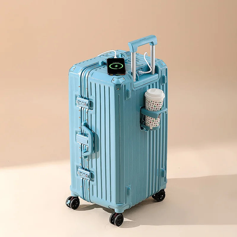 Five-wheeled Luggage 34 inch Thicken Aluminum Frame Suitcase USB Cup Holder Large Capacity TSA Lock Trolley Case Brake Wheel 24"
