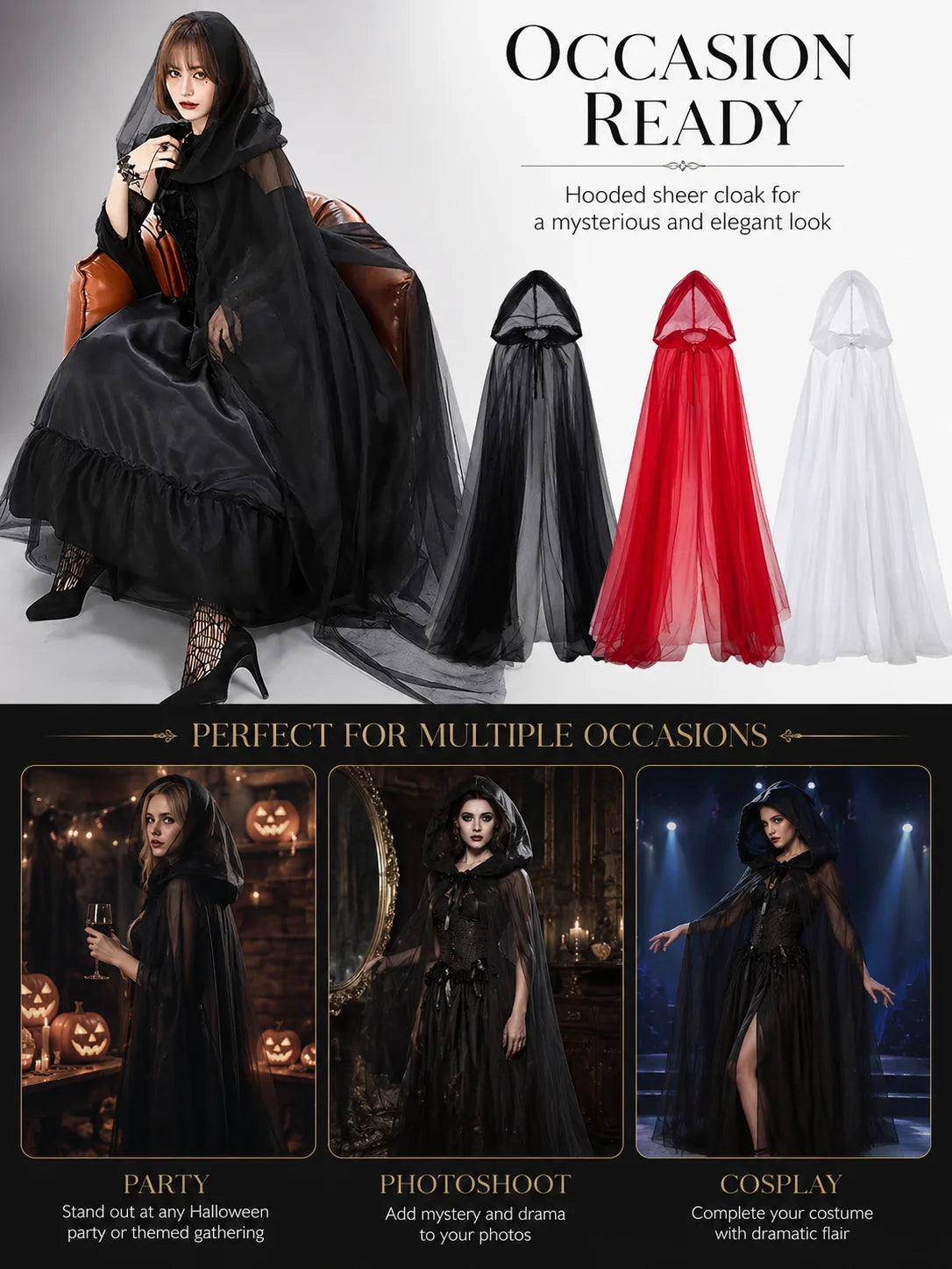 Sheer Tulle Hooded Full‑Length Cape for Women, Lightweight Flowy Gothic Cloak with Neck Tie, Halloween Witch Vampire Cosplay Costume Accessory for Fancy Dress Party Photo Shoot