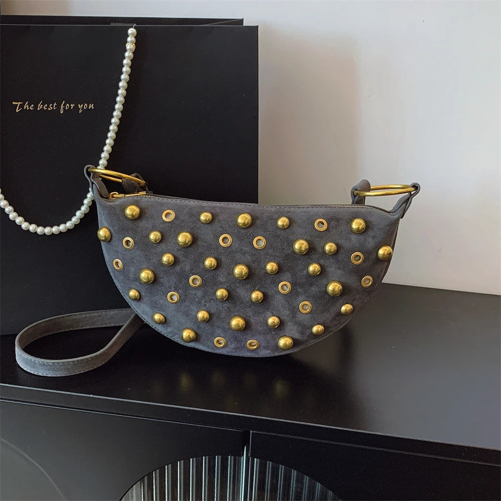 MOODS Branded Half-moon Shoulder Bags For Women Faux Suede Rivets Decor Crossbody Hobo Bags 2025 Latest Designer Handbags Luxury