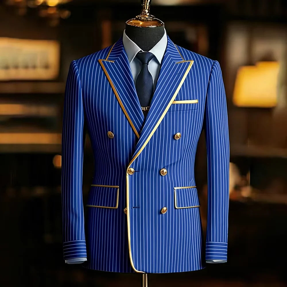 Men's Pinstripe Blazer Double Breasted Slim Fit Peaked Lapel With Gold Trim Formal Suit Jacket  For Groomsman Wedding Prom Hot