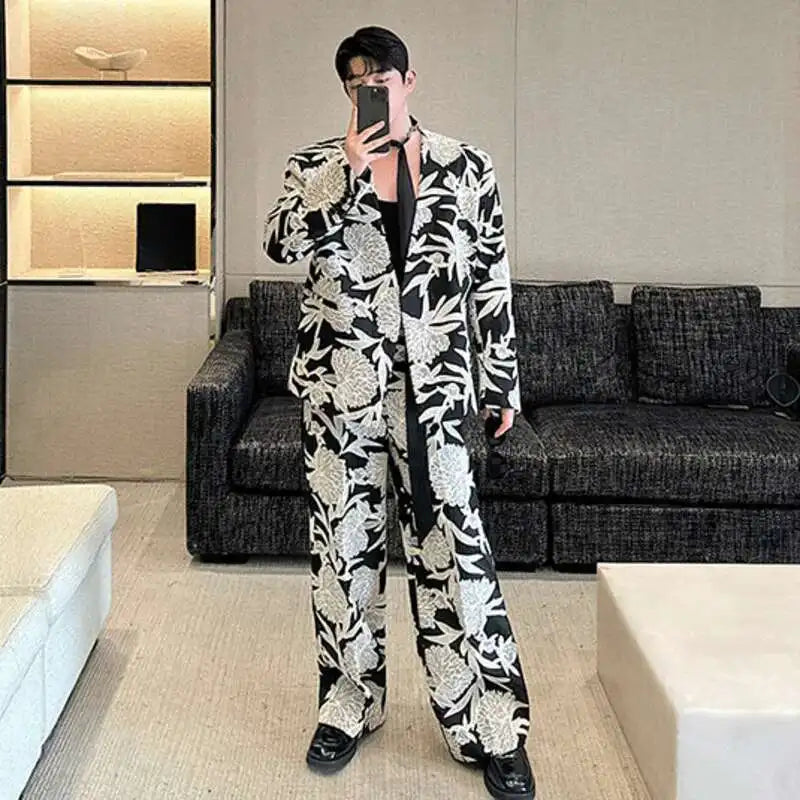 IEFB Niche Design Men's Two-piece Collarless Embroidery Blazer Loose Straight Suit Pants Contrast Color Male Sets New 9C7485